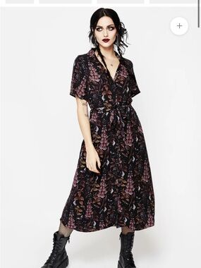 Disturbia Dark Plum Floral Button-Front Midi Dress